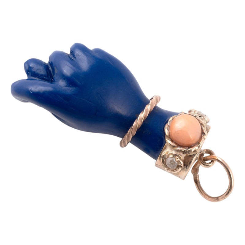 Figa Hand Lapis Lazuli Charm Pendant with 14K Gold Bail, Mid-20th Century