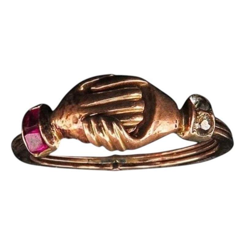 Italian 18K Gold Gimmel Fede Ring with Diamond and Ruby, Circa 1790