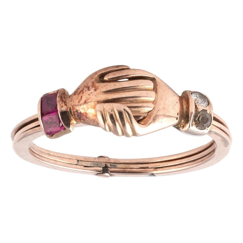 Italian 18k Gold Gimmel Fede Ring with Diamond and Ruby, circa 1790