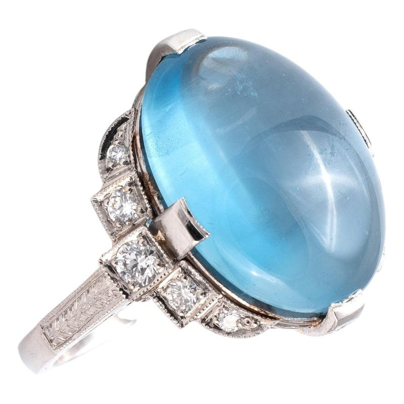 Vintage 11ct Aquamarine Cabochon Diamond Ring, Platinum, Circa 1970