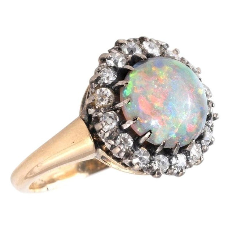 Late 19th Century 18kt Gold Opal Cabochon Diamond Cluster Ring, Italy