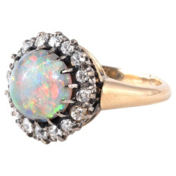 Late 19th Century 18kt Gold Opal Cabochon Diamond Cluster Ring, Italy