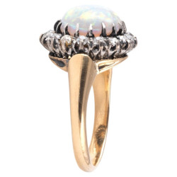 Late 19th Century 18kt Gold Opal Cabochon Diamond Cluster Ring, Italy