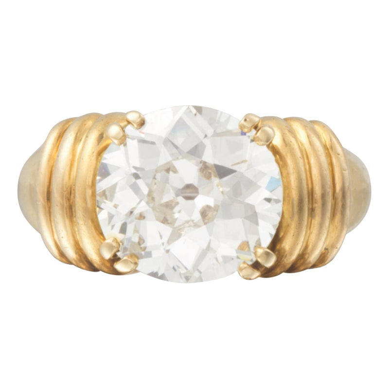 Art Deco 4.28ct Cushion Cut Diamond Ring, 18K Yellow Gold, France