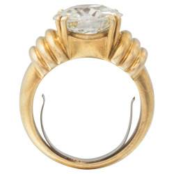 Art Deco 4.28ct Cushion Cut Diamond Ring, 18K Yellow Gold, France