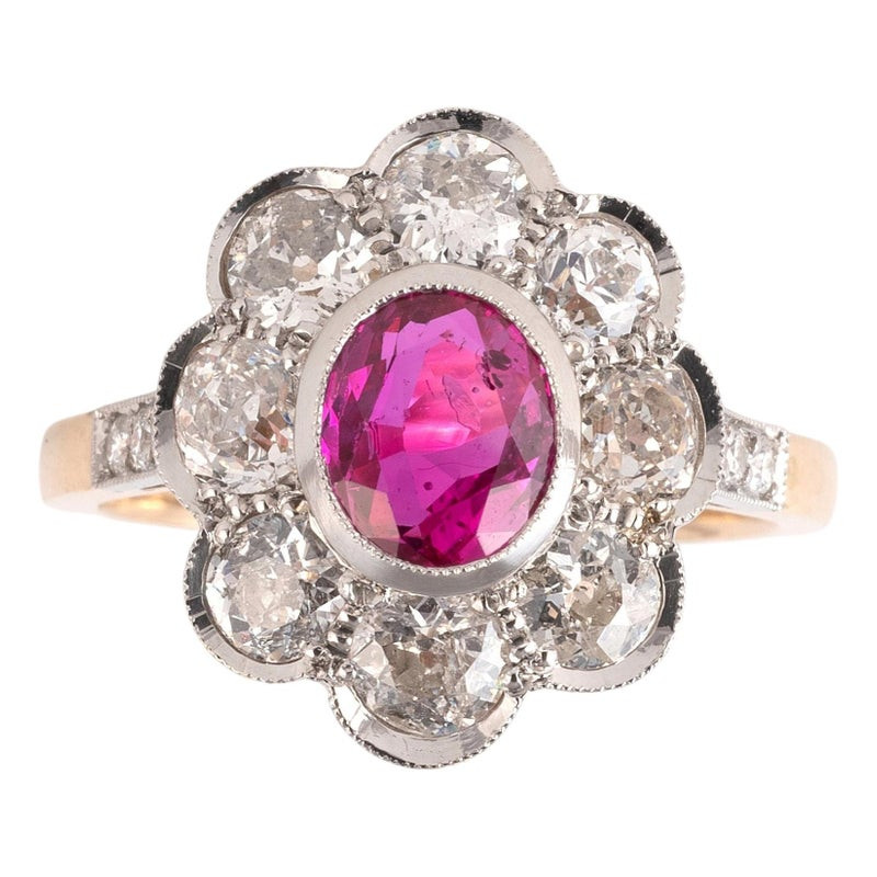 Vintage 1.95ct Burma Ruby And Old Cut Diamond Cluster Ring