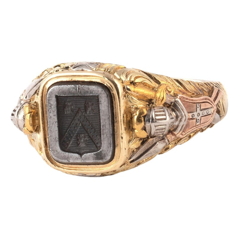 Antique Neo-Gothic Knight's Ring Platinum and Bicolored Gold circa 1850