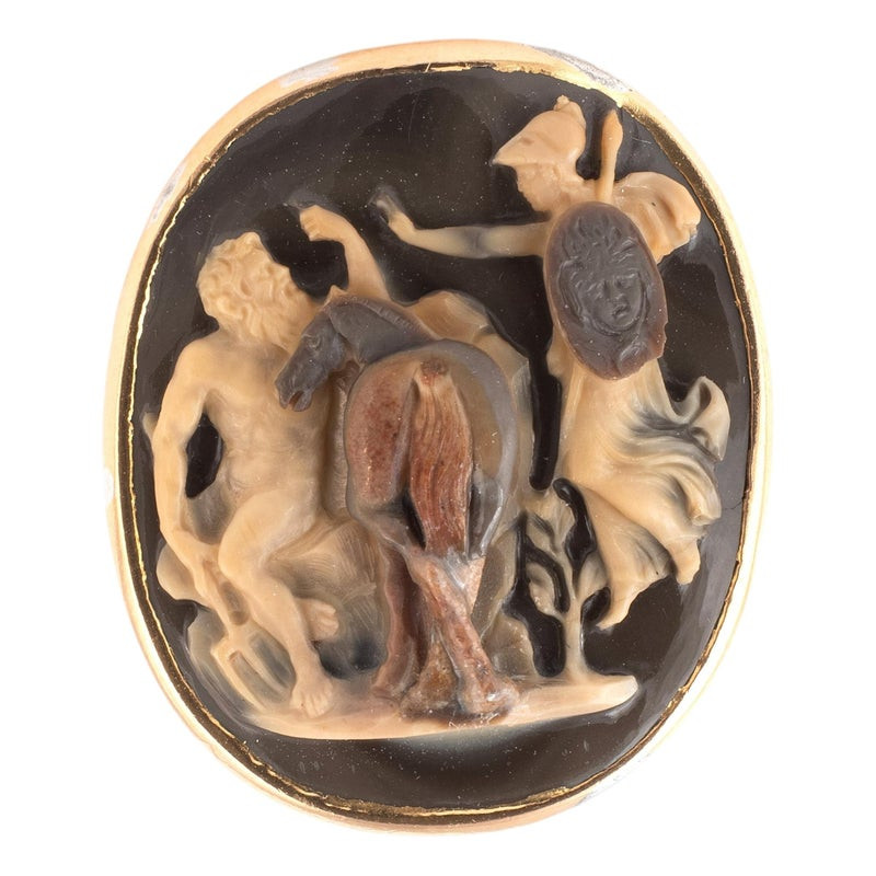 Renaissance Gold Agate Cameo Ring Depicting Athena & Poseidon