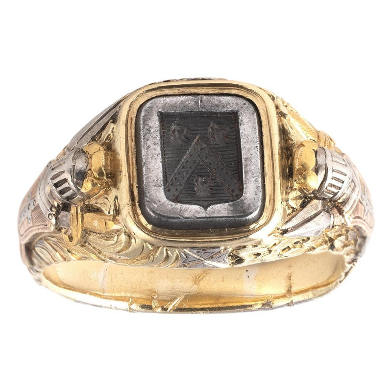Antique Neo-Gothic Knight's Ring Platinum and Bicolored Gold circa 1850
