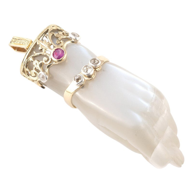 Large Vintage Moonstone Burma Ruby & Diamond Figa Hand Pendant, 1970s