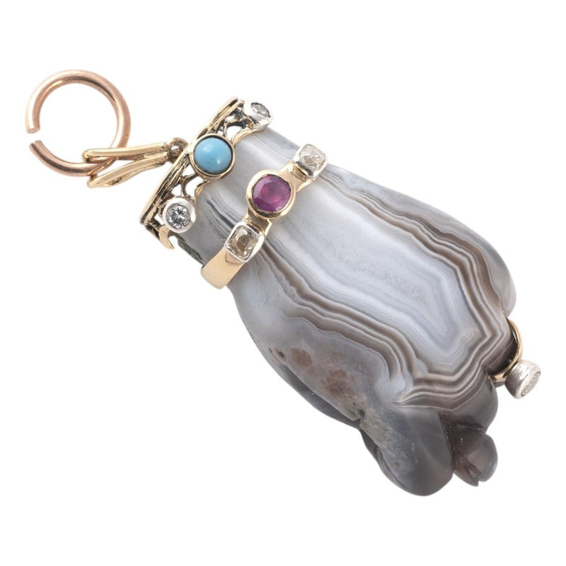 Large Vintage Brown Agate & Diamond Figa Hand Pendant, 1970s
