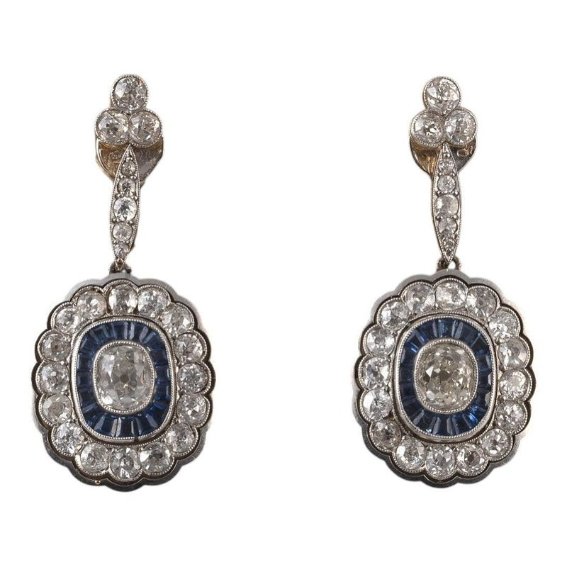 Art Deco' 6ct Old Cut Diamond and Sapphire Drop Earrings