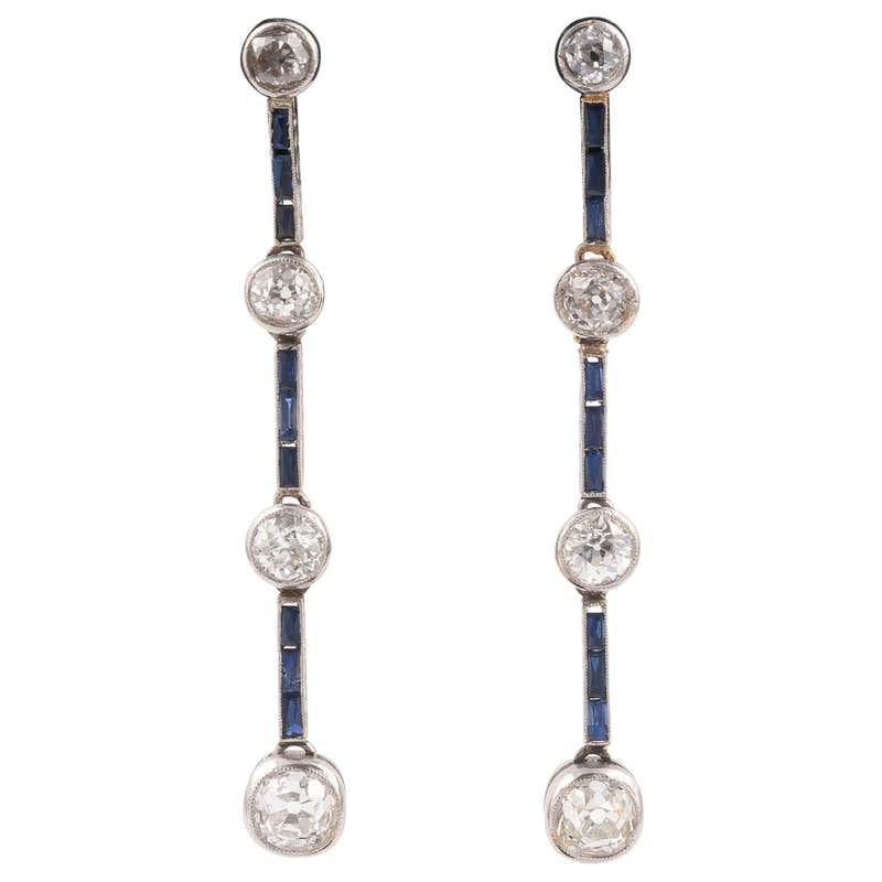 1920s Diamond Sapphire Platinum Drop Earrings