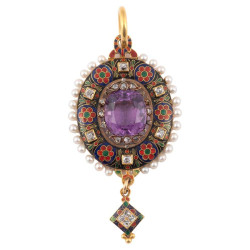Holbeinesque Amethyst Diamond Enamel Natural Pearl And Gold Pendant Circa 1865