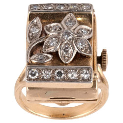 14 Karat Yellow Gold and Diamond Ring Watch, circa 1945