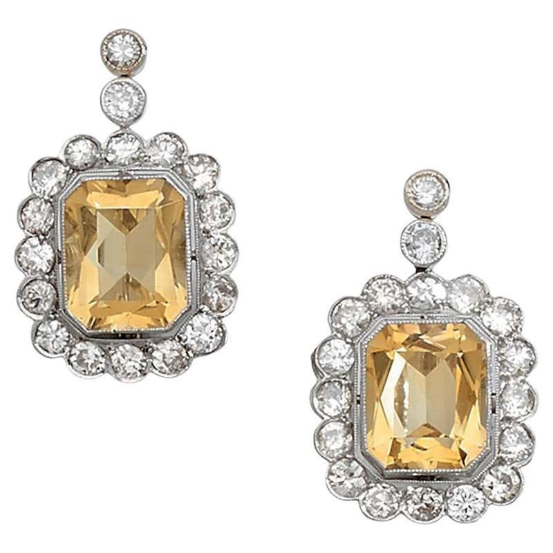 Art Deco French Old Cut Diamond and Citrine Earrings Circa 1920