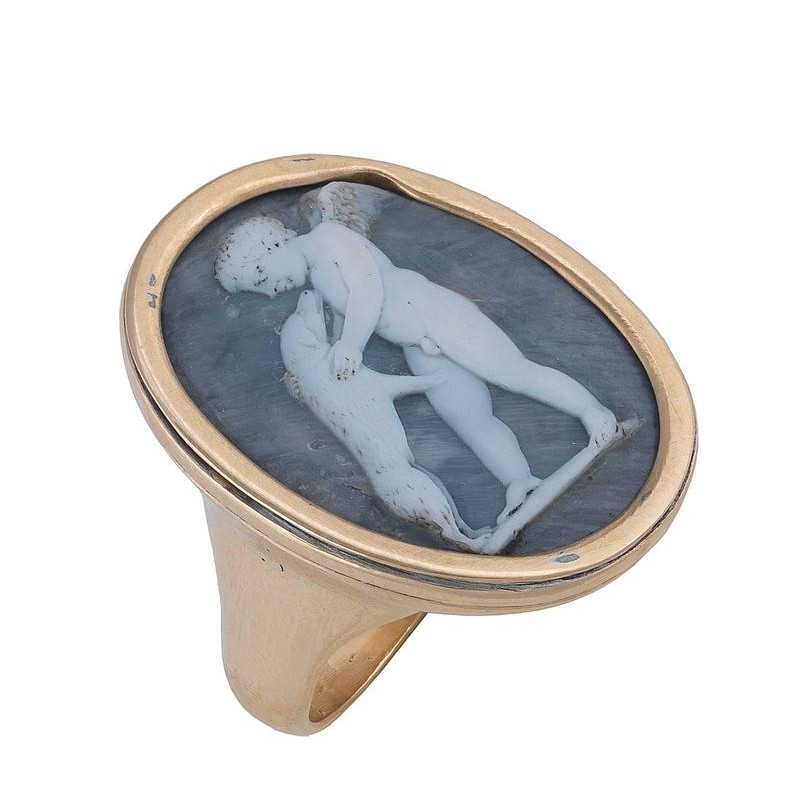 Late 16th Century White on Blue Grey Shell Cameo of Cupid and the dog Ring