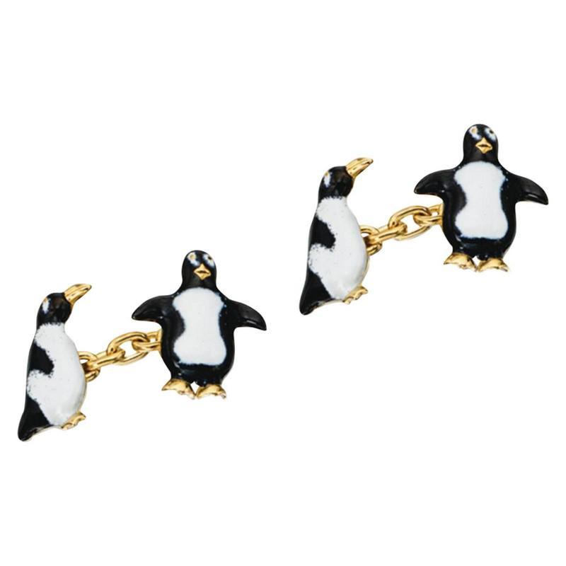 White and Black Enamel Gold Penguin Cufflinks