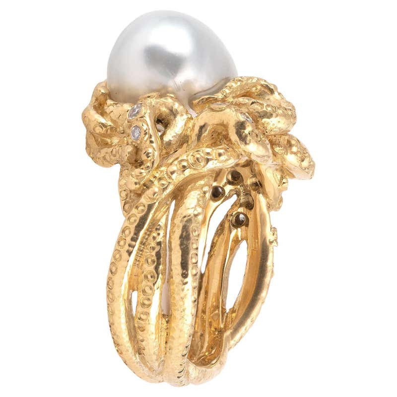 Diamond Baroque Pearl and 18k Gold Octopus Ring