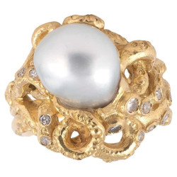 Diamond Baroque Pearl and 18k Gold Octopus Ring