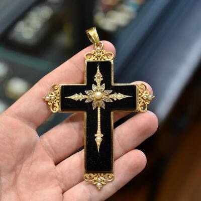 Antique Large Gold Onyx and Rose Diamond French Cross Pendant #bernardo