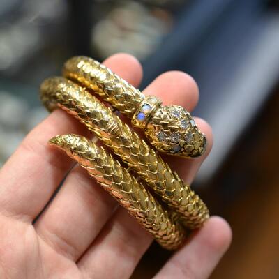 18 Karat Yellow Gold Snake Bracelet Covered Dial Watch, circa 1910s #bernardo