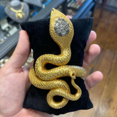 Vintage Gold and Old Cut Diamond Large Snake Bangle Bracelet #bernardoantichita