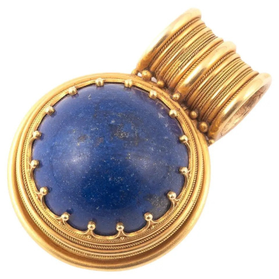 Antique 18 Karat Yellow Gold Lapis Lazuli Cabochon Etruscan Style Pendant #bernardoantichita