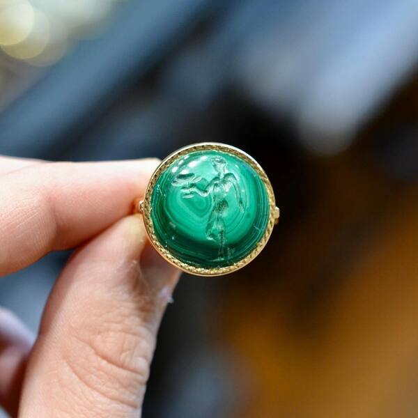 Sold 18t Yellow Gold Malachite Mercury Intaglio Ring, circa 1880’s #bernardo