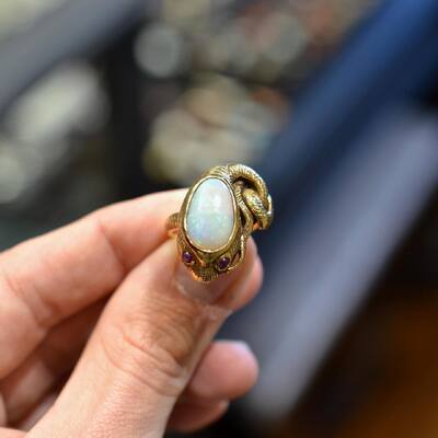 Vintage 18 Karat Yellow Gold Opal and Ruby Snake Ring #bernardo